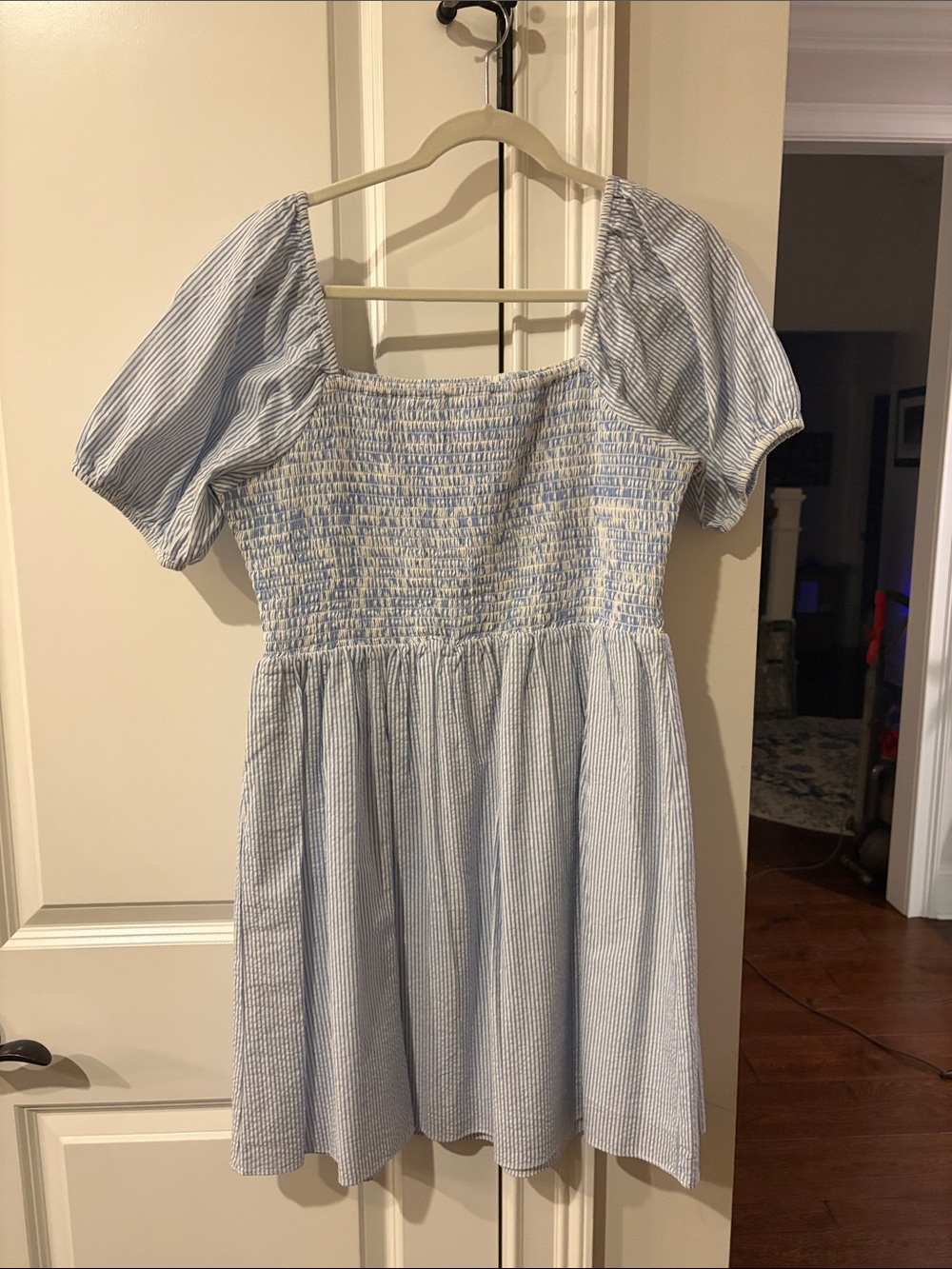 Sail to Sable Light Blue and White Striped Smocked Mini Dress